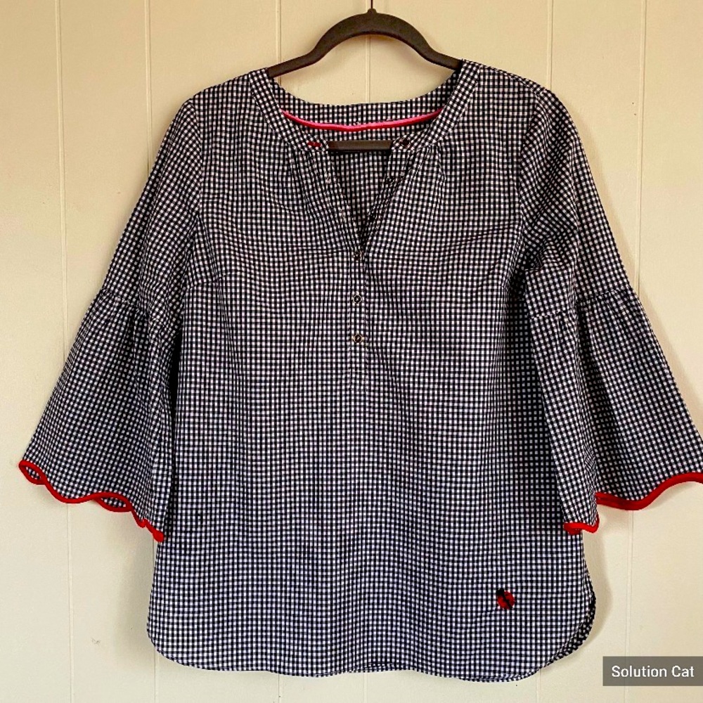 Black & White Checked Bell Sleeves Red Trim Cotton Blouse Size Medium